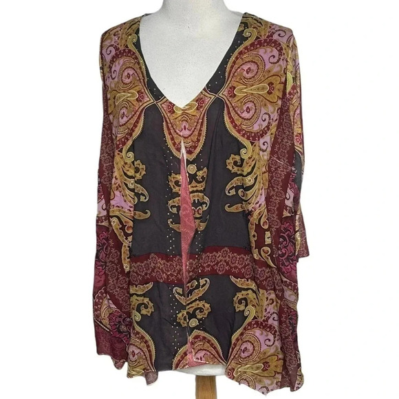 Live and let live 2X boho paisley print long sleeve top with sheer scarf front - Picture 2 of 6